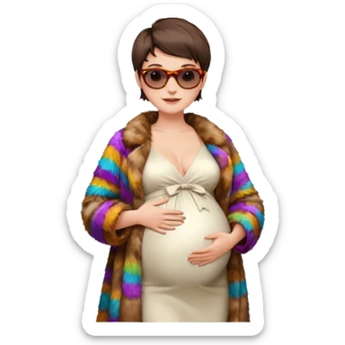 pregnant stylish woman with short pixie brunette hair happily touching her big belly while wearing white dress and fancy brown fur coat and colorful shades sticker
