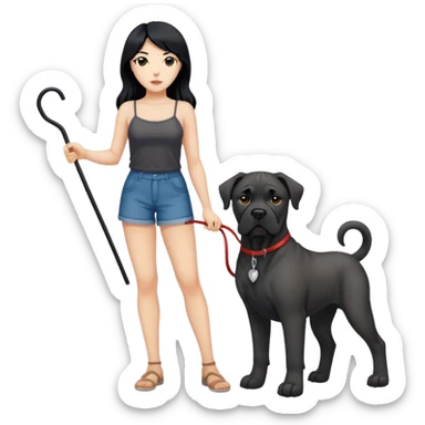 Woman with long black hair wearing spaghetti strap top holding a black Cane Corso dog with cropped ears and short tail sticker