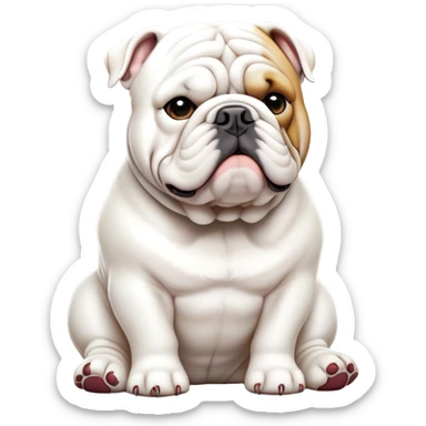 cinematic-[solid white english bulldog]-realistic-full-body-sitting-emoji,-tail-resting-loosely-beside-its-paws,-head-tilted-dramatically,-sleek-[solid white]-fur,-simplified-yet-realistic-focused-features,-highly-detailed,-glowing-with-an-almost-sarcastic-glow sticker