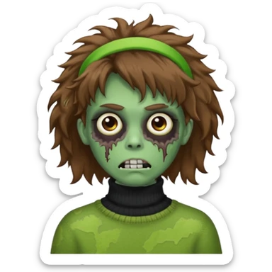 brown fluffy haired green zombie with turtleneck sweater and hair band sticker