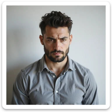 realistic 30-year-old man suffering from anxiety, vacant stare, closed posture, light background sticker