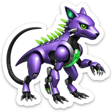 Futuristic modern cyborg badass cool shiny metallic alloy black-obsidian purple neon-green white lime animal hybrid Fakemon full body sticker
