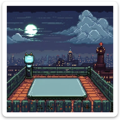 Pixel art rooftop at night, helipad, fence, distant city lights, glowing billboard, cloudy sky, 9:16 vertical scene, side view, retro 2D fighting game background
 sticker