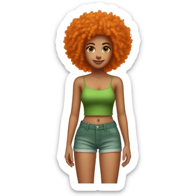 Girl with tan light skin green tube top and denim shorts on and a very orange curly Afro sticker