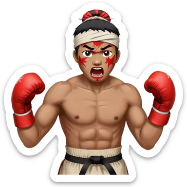 A traditional Lethwei fighter with wrapped bare fists and a traditional Burmese headband (gaung baung), shouting with fierce intensity, blood mark on glove, gritty and raw appearance, Burmese boxing sticker