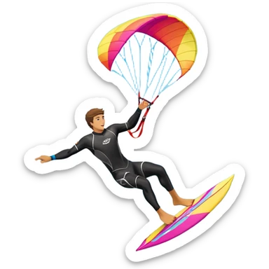 A professional kite surfer performing a high-flying trick on the waves, with a colorful kite soaring above. The background features a stunning landscape of rolling ocean waves, a bright sky, and distant mountains, emphasizing the skill and freedom of the sport. sticker
