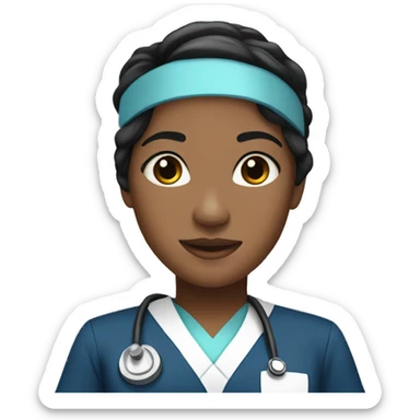 Nurse in navy blue scrubs with black hair sticker