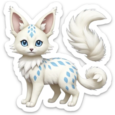 Albino-white, blue-eyed soft natural realistic romantic vintage antique divine beautiful elegant pretty precious cute young youthful  Fakémon-Pokémon-feline-Zeraora-Jolteon-serval-caracal-chinchilla-Minccino-Cinccino-Meowstic-rodent-hybrid-creature with a big fluffy bushy tail (full body) sticker