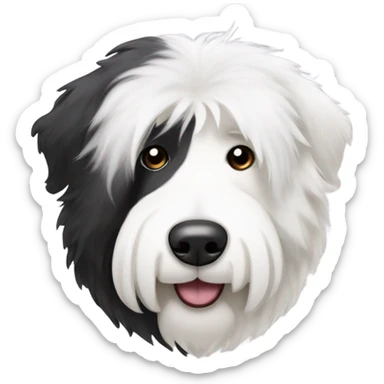 Old English sheepdog face with the left half of his face white and the black half of his face black. White around the mouth and nose sticker