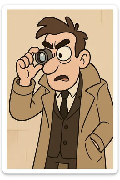 a cartoon investigator in a long coat, peering through a jeweler's loupe, curious expression, cartoon style sticker
