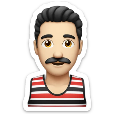 man with so long black hair, long moustache and striped black and red tank top sticker