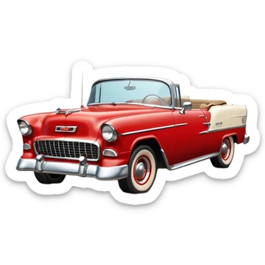 1955 Chevrolet Bel Air Convertible, Red-White color, with a bucket of brown mud pouring down on it, and the car itself is covered in brown mud on the sides that has stuck.32x32 pixels, aspect ratio: 1:1 sticker