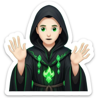 A dark sorcerer in flowing black robes, conjuring eerie green flames sticker