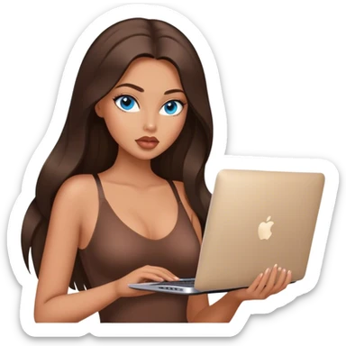 Glamours tanned very beautiful girl with big pump peach lips and dark chocolate straight smooth silky long hair, blue eyes in brown/beige bodysuit with MacBook sticker