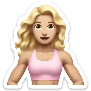 Woman, white skin, pale skin, long hair, blonde hair, wavy hair, baby pink sports bra, baby pink leggings, flexing one arm up sticker