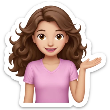 girl with wavy long brown hair, brown eyes, light to medium complexion, long lashes, light pink lipstick, smiling, wearing light pink shirt, dancing sticker