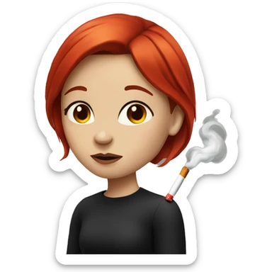 A girl with fair skin and black-red hair smokes a cigarette sticker