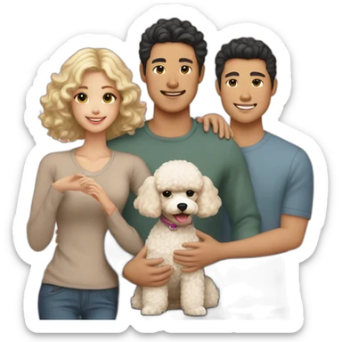 A Family consisting of 1 asian man with dark eyes and hair tan skin and 1 white blonde girl with pale skin and 1 fluffy brown toy poodle sticker