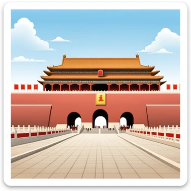Tiananmen Square in Beijing with traditional Chinese architecture gate, sunny day, travel landmark illustration sticker