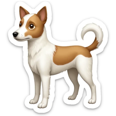 a full body large white parson russell looking dog the size of a kelpie with light brown flapped down ears and a light brown patch on one eye and a large snout sticker