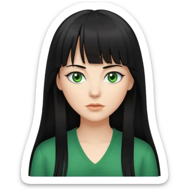 A white woman with Long straight hair with bangs, black hair, green eyes and a low-cut shirt sticker