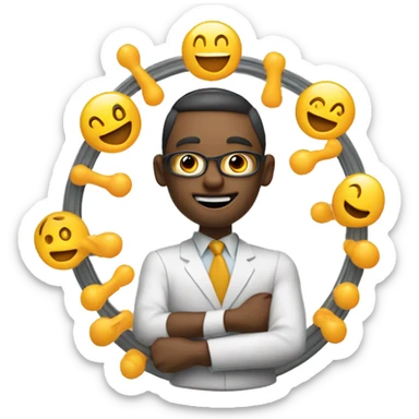 An anthropomorphic door character skillfully juggling glowing client relationship symbols in a circular motion sticker