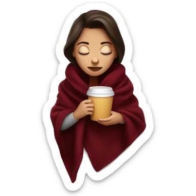 Brunette girl inside a maroon blanket sipping coffee eyes closed sticker