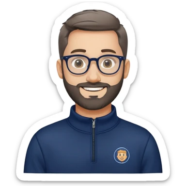 Fair-skinned broader man with oval face, very tight haircut (almost shaved on top, faded sides), short salt and pepper beard, big black-rimmed glasses, friendly smile, navy blue quarter-zip sweatshirt with long sleeves sticker