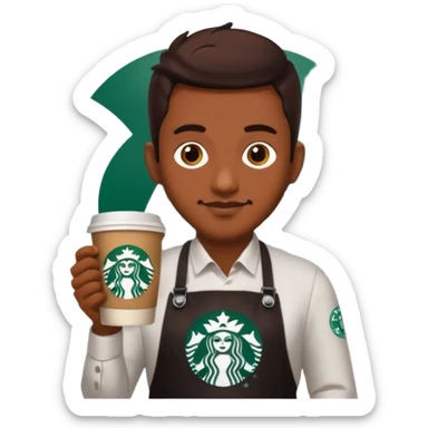create a sticker of my male bangladeshi friend who is supervisor at starbucks plus coffemaster so black apron woth coffeemaster on it and starbucks logo sticker
