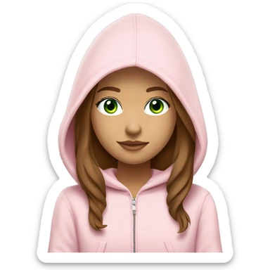 a girl with brown long hair, light beige skin, green eyes, is working relaxed at a modern laptop in a monochrome pale pink zip hoodie with a hood and a pink monochrome T-shirt sticker