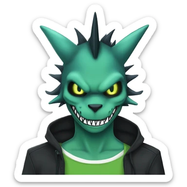 Digimon-Fakémon, horns, black body, green mane, anthro, furry, shark, black skull face, black skull mask, green stripes, tufted tail, full body, shark, creature, vernid, LiLaiRa, sticker