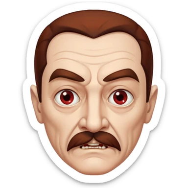 An elderly man with slicked-back reddish-brown hair, sharp brown eyes under heavy brows, and a white mustache, giving him a stern, Dracula-like appearance. sticker