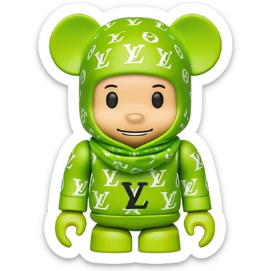 bearbrick toy wearing a lime green balaclava with LV monogram pattern sticker