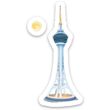 Cinematic Realistic N Seoul Tower Landmark Emoji, featuring the iconic tower perched atop Namsan Mountain, glowing against the night sky with panoramic city lights stretching beyond. sticker