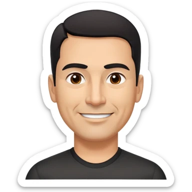 Broad-shouldered Hispanic man in his 50s, light brown complexion, square face with defined jawline, very short black hair with tight fade, thick straight eyebrows, medium dark eyes with vibrant look, wide nose, confident smile, wearing black fitted athletic shirt sticker