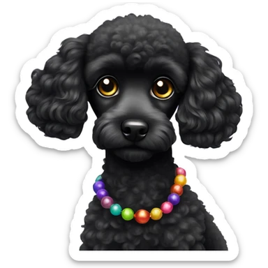 One Small Black Poodle with one  colorful bead necklaces sticker