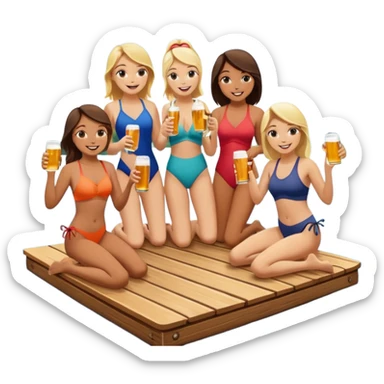 Girls in swimsuits sit on a dock and cheers bottled beers together on a dock on a lake sticker