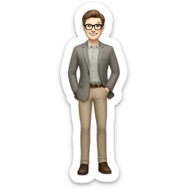 Joyful Full height Pale skinned Fit Man With dark brown hair in gray classic jacket, beige office shirt, Brown pants and vintage glasses. His thrumbs up sticker