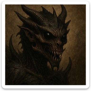 hybrid creature mostly dragon 60%, with some demon 20% and alien 20% characteristics, in a unique fusion sticker