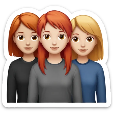 Can you create an image of 3 friends together one with red bright hair light skin one the other with brown hair with some blonde highlights in the hair fair skin the last one with light brown a tint of orange hair and Brown hair sticker