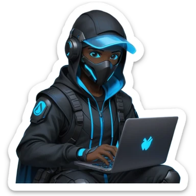 developer behind his laptop with this style : crysis Cyberpunk Valorant neon glowing bright blue character blue black hooded assassin themed character sticker