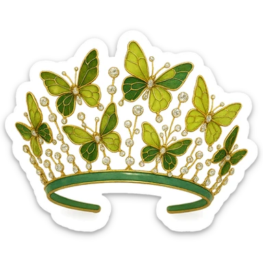 butterfly crown with a jade green base, butterflies in olive and lime green enamel, sparkling gems sticker