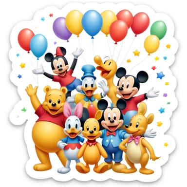 Icon for Animated Movies: A colorful, playful collage of classic cartoon characters like Goofy, Mickey Mouse, Donald Duck, Winnie-the-Pooh, and others. Bright, vibrant colors with cheerful expressions and fun elements like balloons and stars. Whimsical and nostalgic style. Transparent background. sticker
