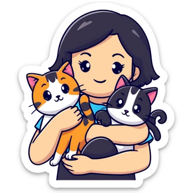teenage girl with black hair with brown highlights with two cats that are tri-colored (black, orange, and white) sticker