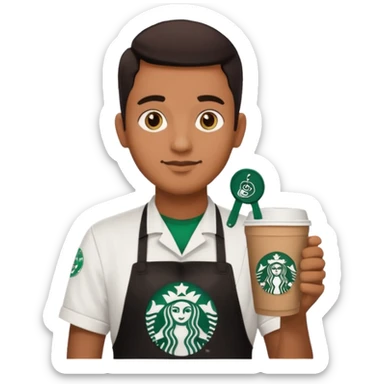 create a sticker of my male bangladeshi friend who is supervisor at starbucks plus coffemaster so black apron woth coffeemaster on it and starbucks logo he s also a comp sci student sticker