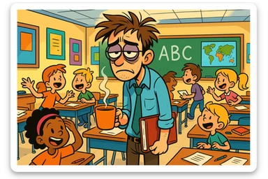 digital cartoon art of a exhausted teacher in a bustling classroom sticker