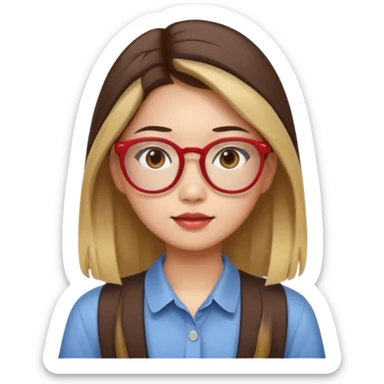 20 yr old asian woman, straight thick long brown hair, blond at ends of hair, middle part, big red glasses, brown eyes, casual shirt sticker