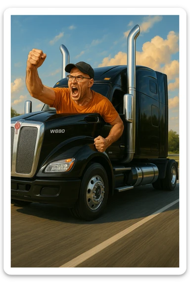 Add a realistic highway background behind the 2026 Kenworth W680 black sleeper semi with stacks and the angry bald man in an orange shirt, glasses, and baseball cap arm pumping out the window. Keep the scene vibrant and energetic, maintaining a photorealistic and dynamic atmosphere. sticker