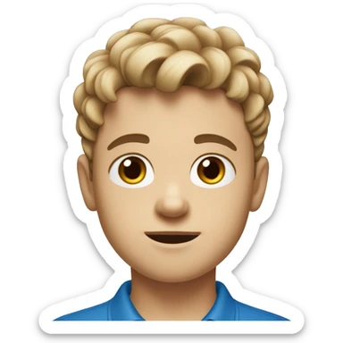 a young white kid wearing a blue cotton polo, with almond brown eyes and european nose with short messy hair sticker