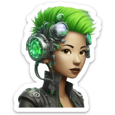 Neon green Mohawk hair Asian female cyborg head with silver steampunk goggles and circuits sticker